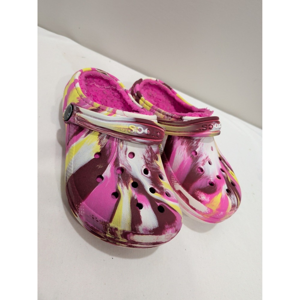 Crocs Lined Marbled Clog C12 Kids Pink Multi Cozy School Slipper Tie Dye Fur